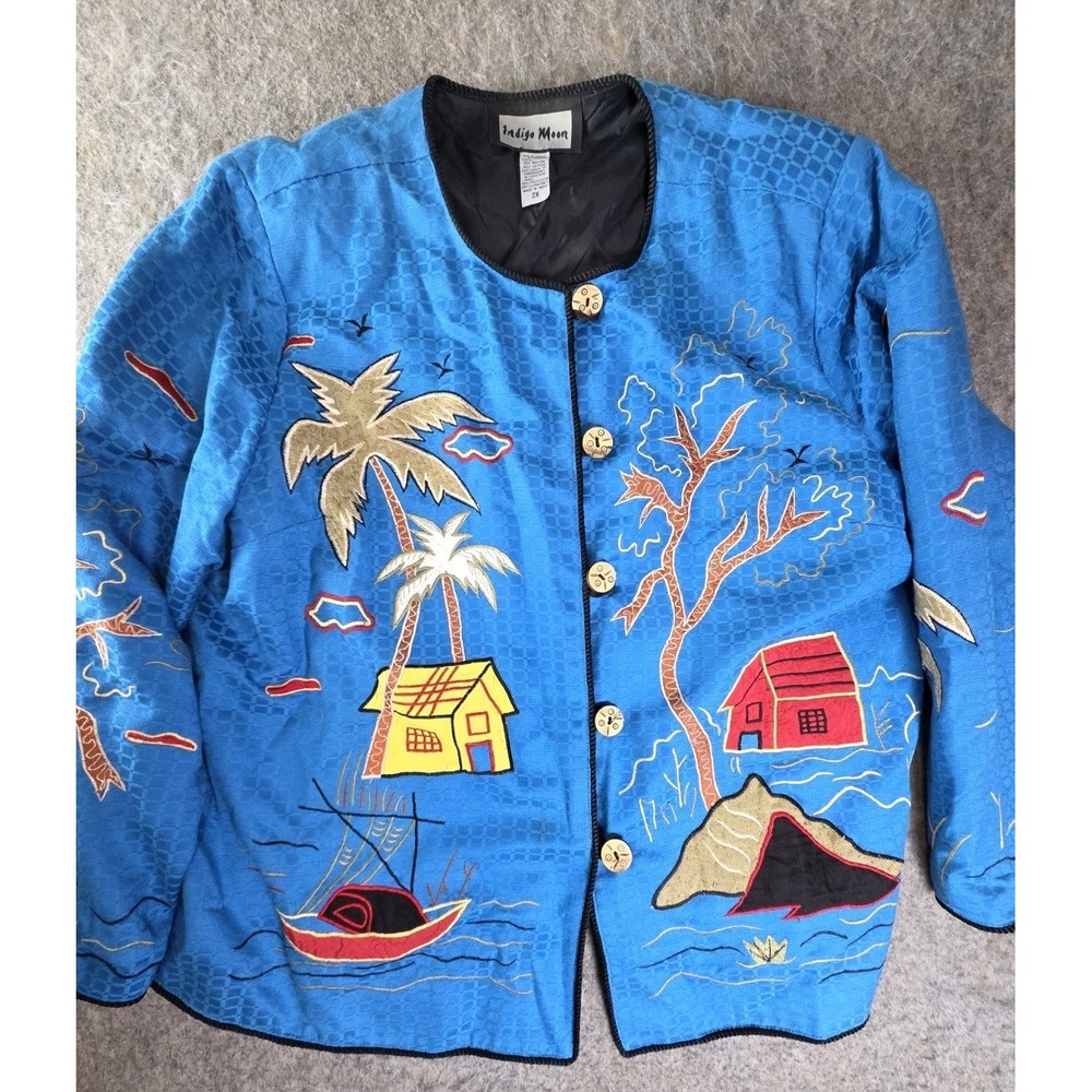 Indigo Moon Jacket 2X Plus Womens Blue Asian Them Palm Tree Village